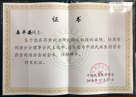 喜訊！恭喜岳平安董事長(zhǎng)榮獲“中國(guó)民族醫(yī)藥學(xué)會(huì)藥食同源分會(huì)副會(huì)長(zhǎng)”